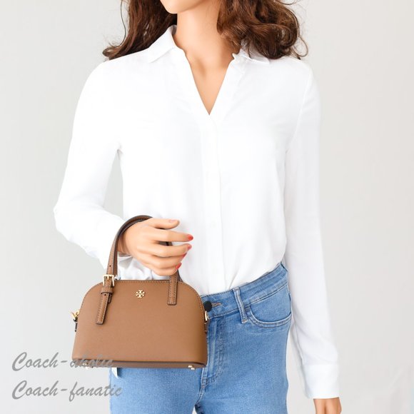 Tory Burch 149694 Emerson Dome Satchel Saffiano Leather Crossbody in Moose - Picture 3 of 11